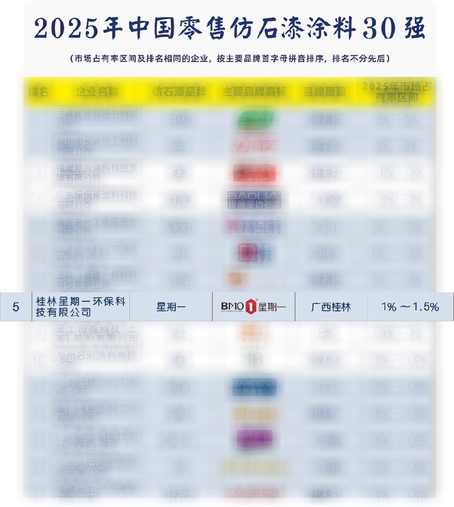 十年匠心不负信赖|星期一仿石漆入选 2025 中国零售仿石漆前十强,用品质铸就行业口碑!